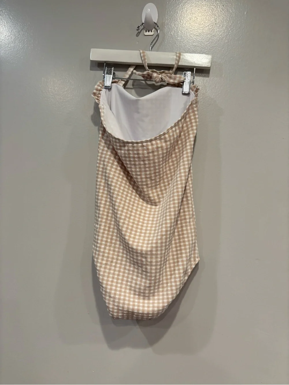 Girls Gingham One-Piece Swimsuit in Beige